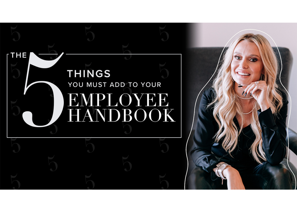 Natalie Dawson seated, hand under chin, next to blog title: The 5 things you must add to your employee handbook.