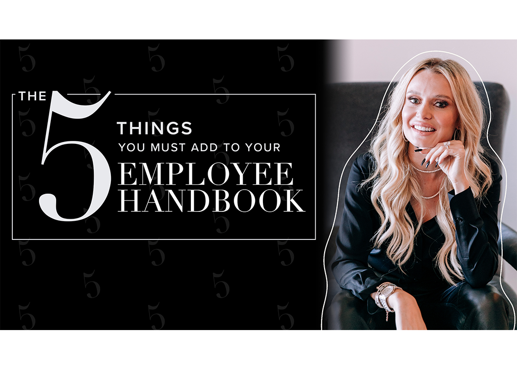 Natalie Dawson seated, hand under chin, next to blog title: The 5 things you must add to your employee handbook.