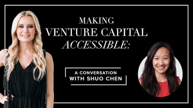Natalie Dawson is featured on the left side of the image in the foreground, and her featured blog guest, Shuo Chen, is featured on the right side of the image. The blog's title, Making Venture Capital Accessible, is in the middle.