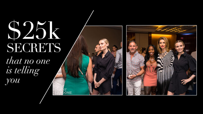 Natalie Dawson is speaking to a Cardone Ventures event attendee in the left photo, and is standing with Grant and Elena Cardone in the right photo of this feature image.