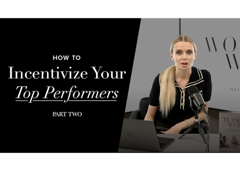 Natalie Dawson, wearing all black with her blonde hair styled into a ponytail, sits behind a desk and talks into a microphone about the importance of incentivizing your top performing team members.