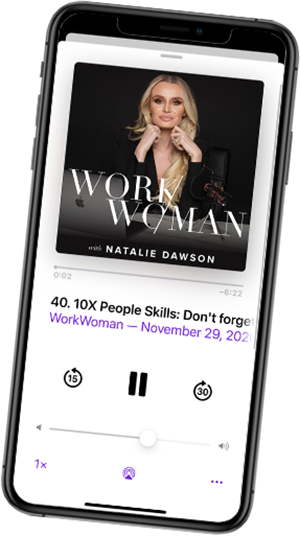 an episode of the WorkWoman podcast playing on a phone