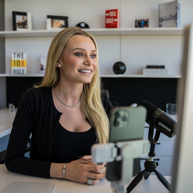 Natalie Dawson recording the WorkWoman podcast at her desk